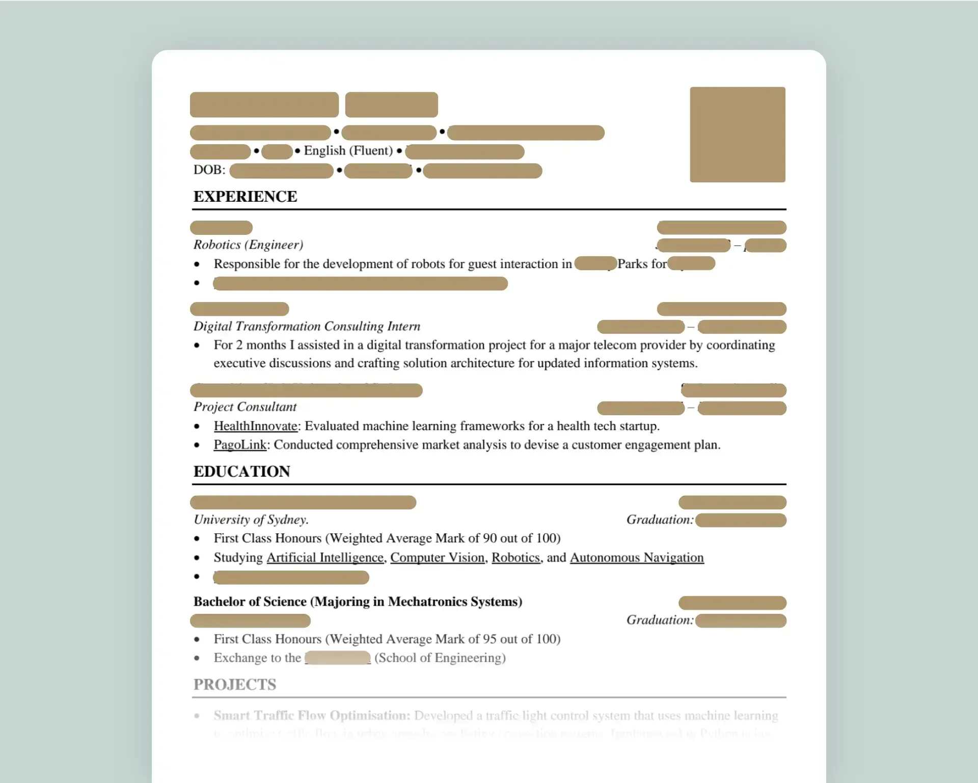 Resume with identifying candidate details redacted